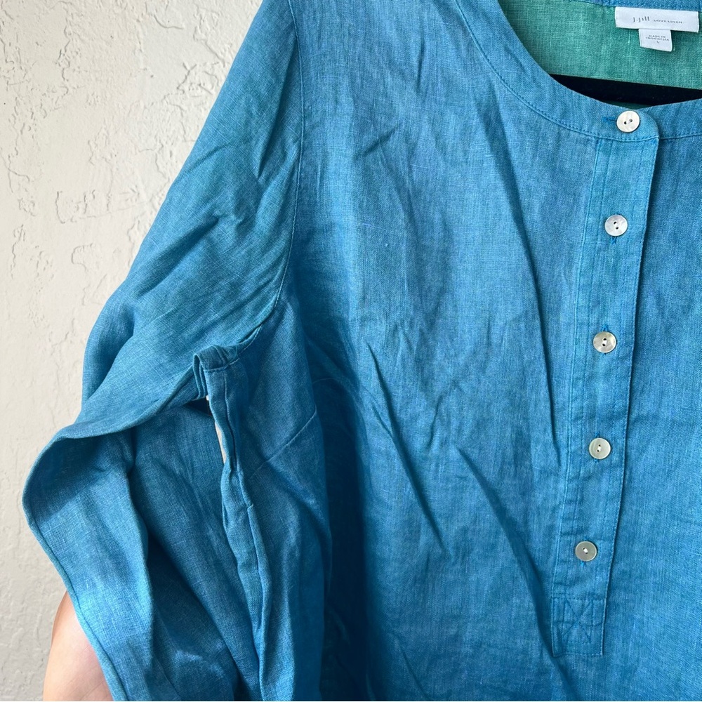 J. Jill Love Linen Tunic Henley Shirt Chambray Coastal Beach Resortwear - Picture 2 of 9